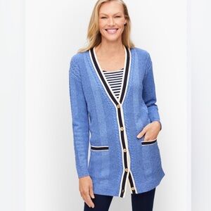 Talbots Petite Iris Blue Cable Knit Tipped Girlfriend Cardigan Sweater Size Smal
